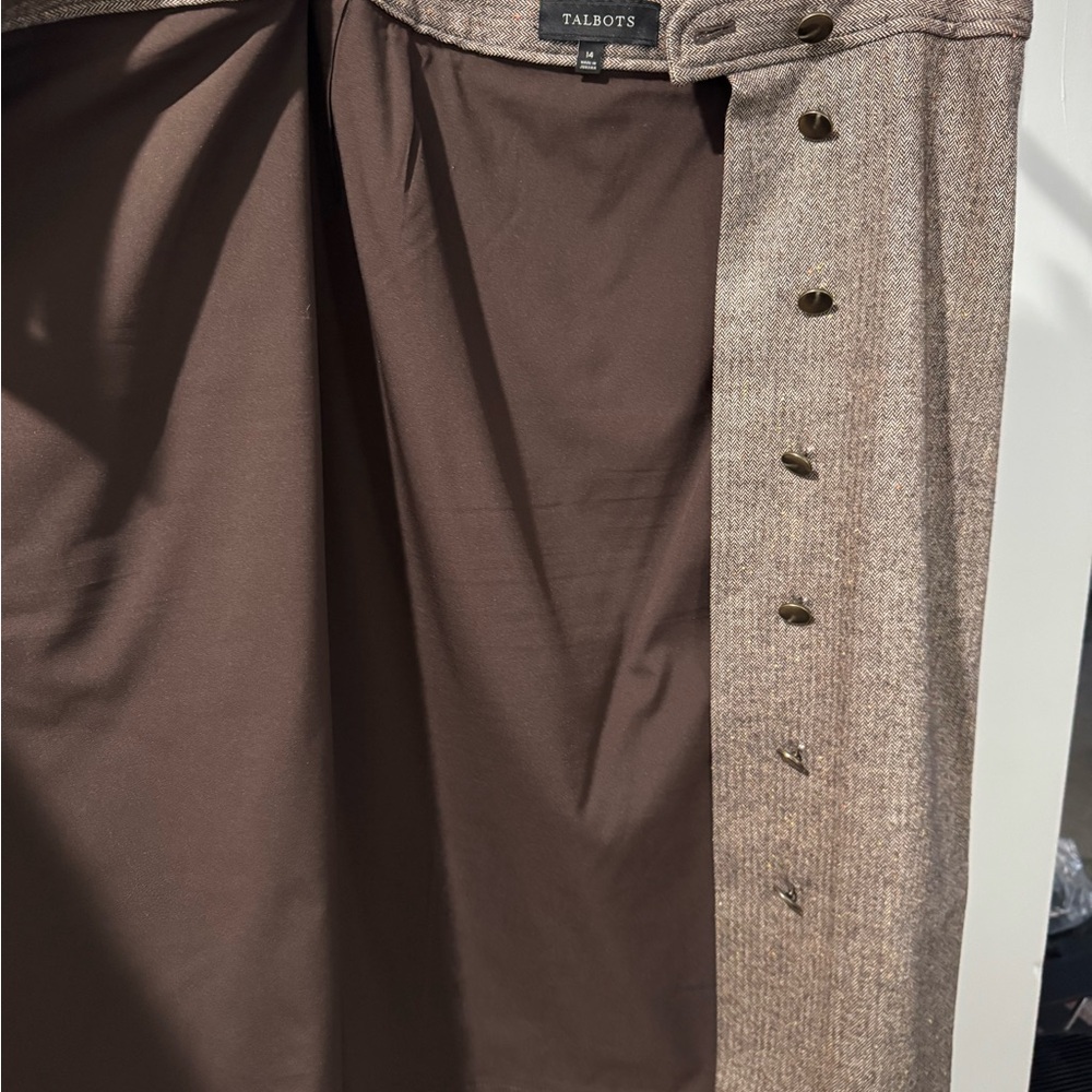 Talbots Brown Button-Front Wrap Wool Herringbone … - image 3